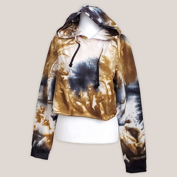 Amber Soul Tie Dye Hoodie Crop Top in Gold and Black by Akasha Sun Hand Dyed - Picture 1 of 3